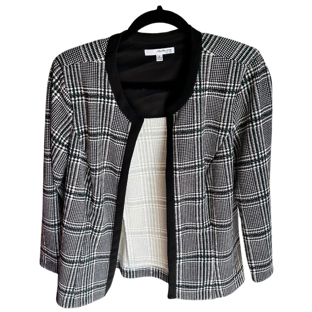 Studio One New York Jacket Black White Green Check Sz 12